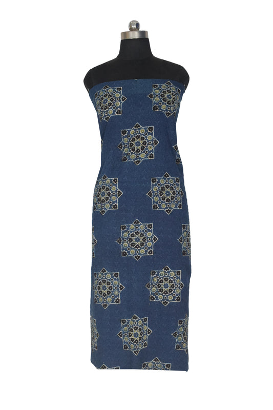 Ajrakh Cotton Natural Dye Hakoba Design Hand Block Print Unstitched Kurta Fabric  Mtr Length  2.5 Mtr  Length  -  SKU : MK12901G