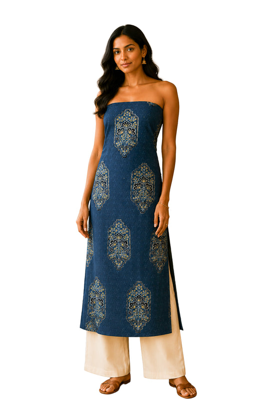 Ajrakh Cotton Natural Dye Hakoba Design Hand Block Print Unstitched Kurta Fabric  Mtr Length  2.75 Mtr  Length  -  SKU : MK12903K