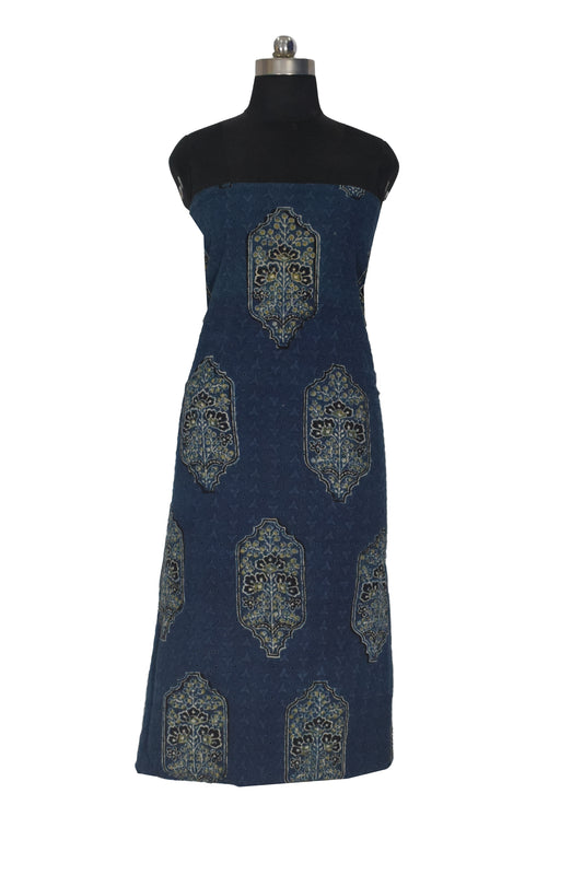 Ajrakh Cotton Natural Dye Hakoba Design Hand Block Print Unstitched Kurta Fabric  Mtr Length  1.25 Mtr  Length  -  SKU : MK12904B