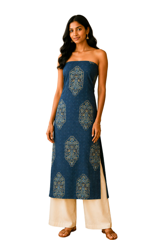 Ajrakh Cotton Natural Dye Hakoba Design Hand Block Print Unstitched Kurta Fabric  Mtr Length  1.25 Mtr  Length  -  SKU : MK12904B