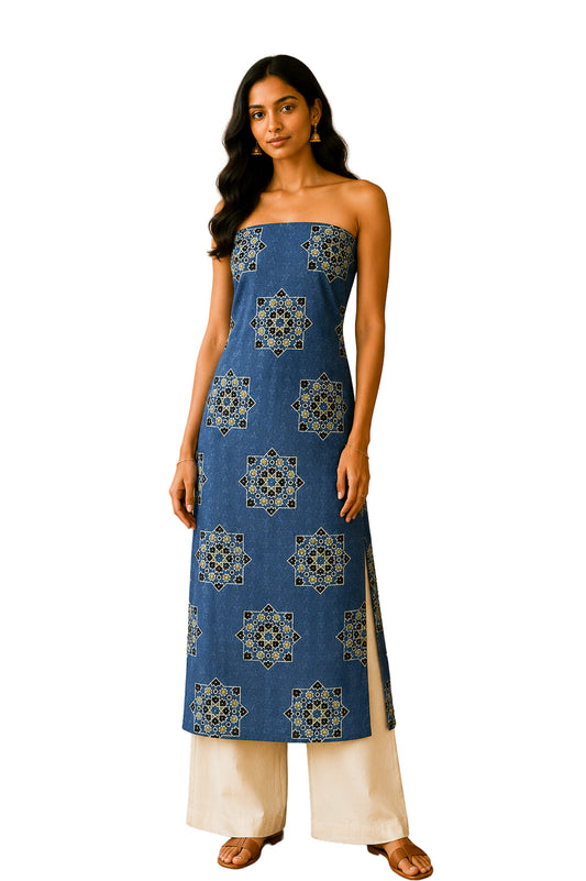 Ajrakh Cotton Natural Dye Hakoba Design Hand Block Print Unstitched Kurta Fabric  Mtr Length  1.25 Mtr  Length  -  SKU : MK12904K
