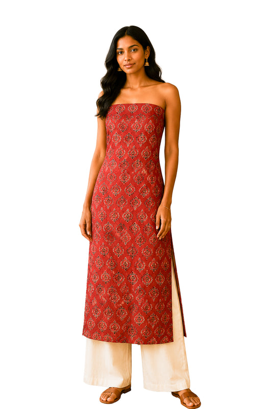 Ajrakh Cotton Natural Dye Hakoba Design Hand Block Print Unstitched Kurta Fabric  Mtr Length  2.5 Mtr  Length  -  SKU : AI06A04E
