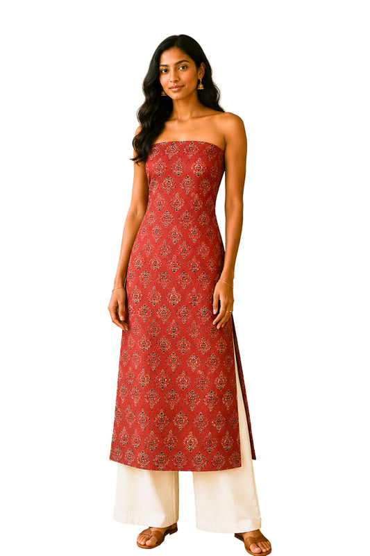 Ajrakh Cotton Natural Dye Hakoba Design Hand Block Print Unstitched Kurta Fabric  Mtr Length  1.5 Mtr  Length  -  SKU : AI06A05E
