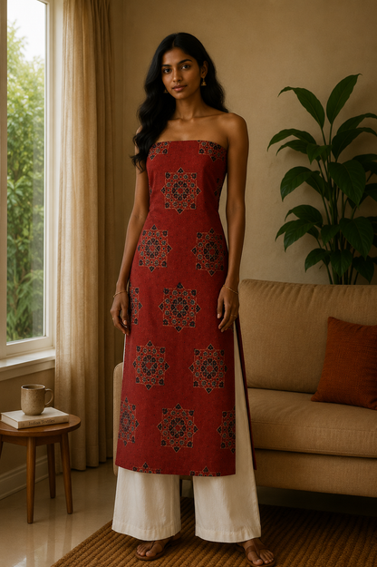 Ajrakh Cotton Natural Dye Hakoba Design Hand Block Print Unstitched Kurta Fabric  Mtr Length  1.25 Mtr  Length  -  SKU : MK12904H