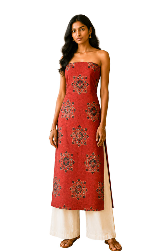 Ajrakh Cotton Natural Dye Hakoba Design Hand Block Print Unstitched Kurta Fabric  Mtr Length  1.25 Mtr  Length  -  SKU : MK12904H