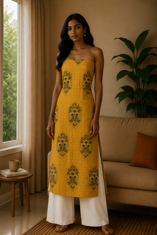 Ajrakh Cotton Natural Dye Hakoba Design Hand Block Print Unstitched Kurta Fabric  Mtr Length  2.75 Mtr  Length  -  SKU : MK12903F