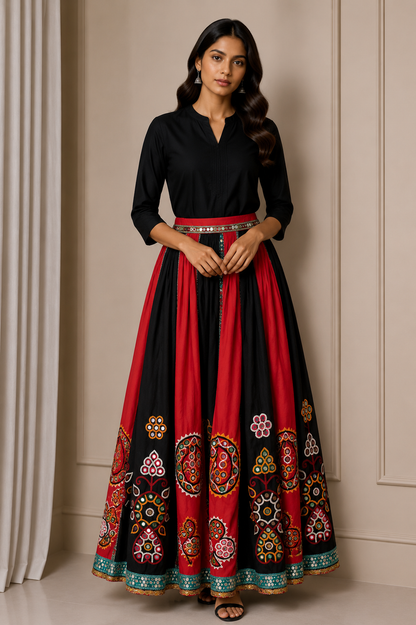Ahir Work Polyester Fine Mirror and Threadwork Embroidery Garba Skirt    -  SKU: SD10802A