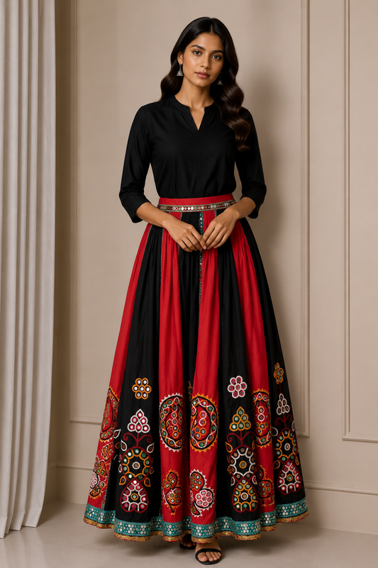 Ahir Work Polyester Fine Mirror and Threadwork Embroidery Garba Skirt    -  SKU: SD10802A
