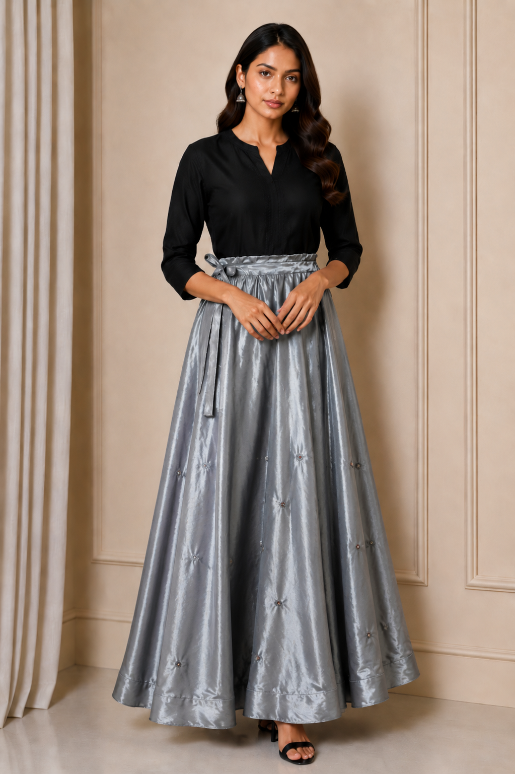 Mirror Work Mashru Silk Round Shape Mirror Work Garba Skirt  - 4 Mtr Flare (Gher)    -  SKU : EK13902B