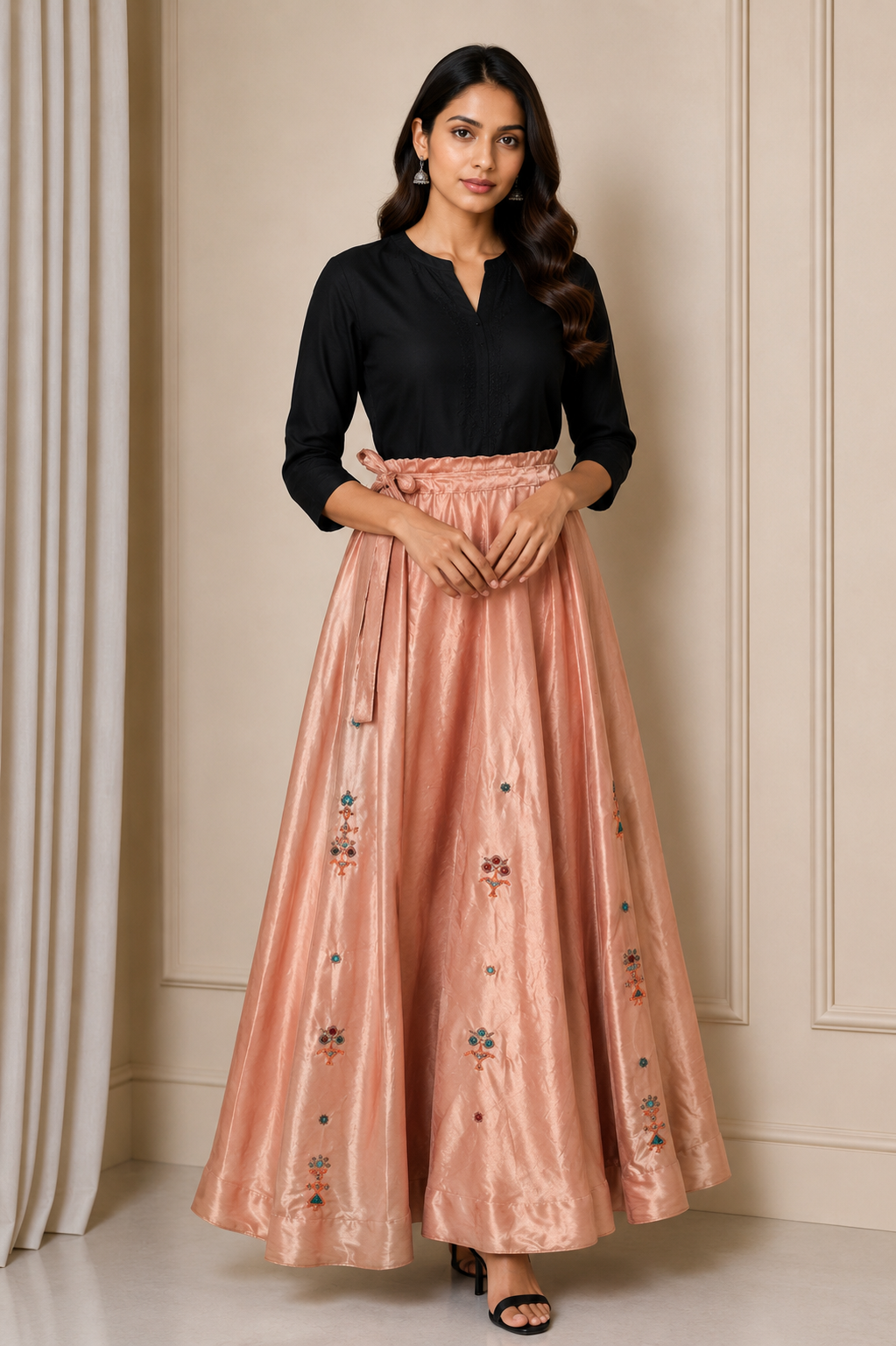 Ahir Work Mashru Silk Fine Mirror and Threadwork Embroidery Garba Skirt    -  SKU: EK06A01A