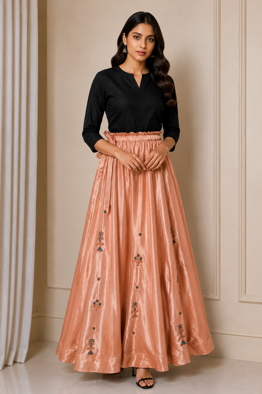 Ahir Work Mashru Silk Fine Mirror and Threadwork Embroidery Garba Skirt    -  SKU: EK26901A