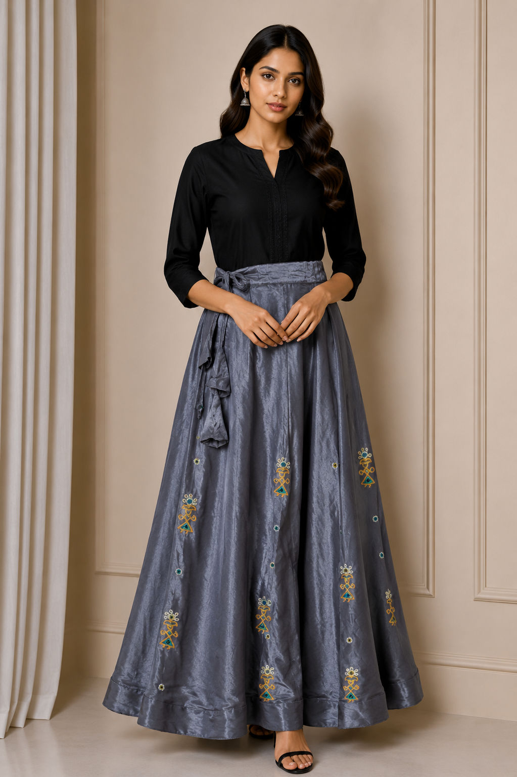 Ahir Work Mashru Silk Fine Mirror and Threadwork Embroidery Garba Skirt    -  SKU: EK13904A