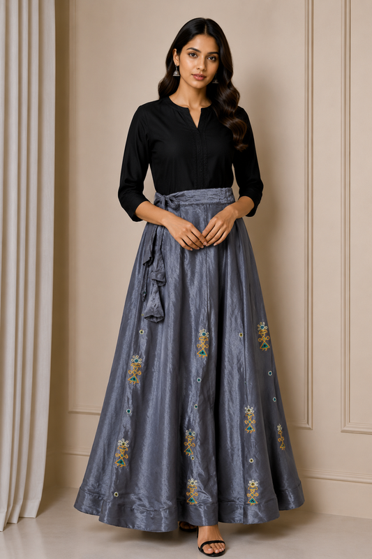 Ahir Work Mashru Silk Fine Mirror and Threadwork Embroidery Garba Skirt    -  SKU: EK13904A