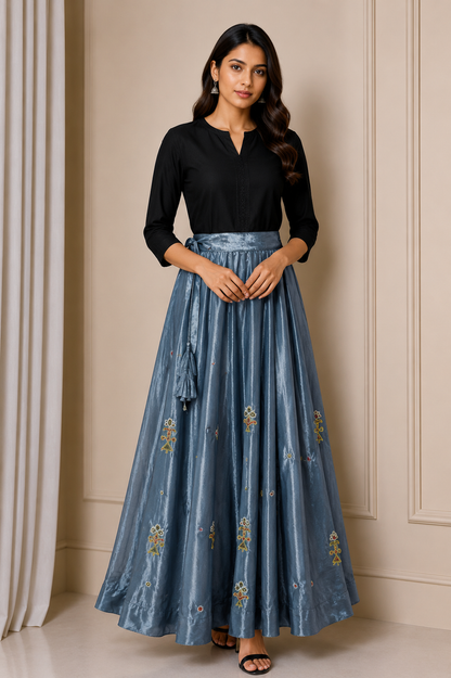 Ahir Work Mashru Silk Fine Mirror and Threadwork Embroidery Garba Skirt    -  SKU: EK13904C