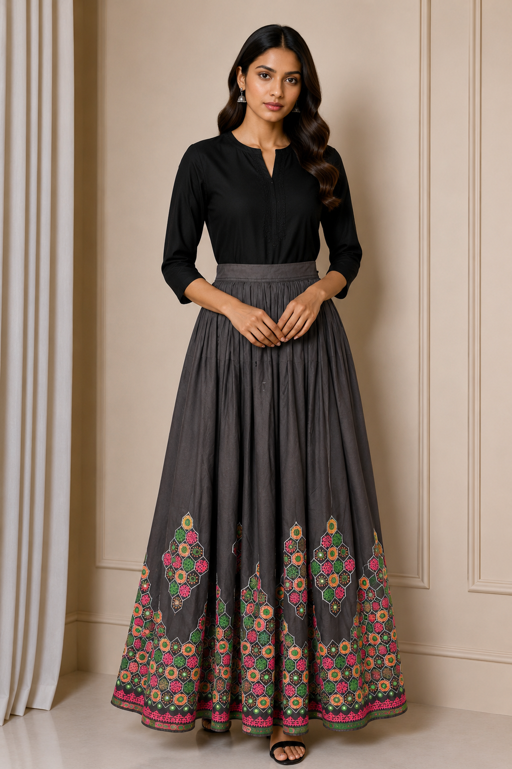 Bavalia Work Polyester Small Mirror Work Hand Embroidery Garba Skirt   - 3 Mtr Flare (Gher)    -  SKU : SD09806A