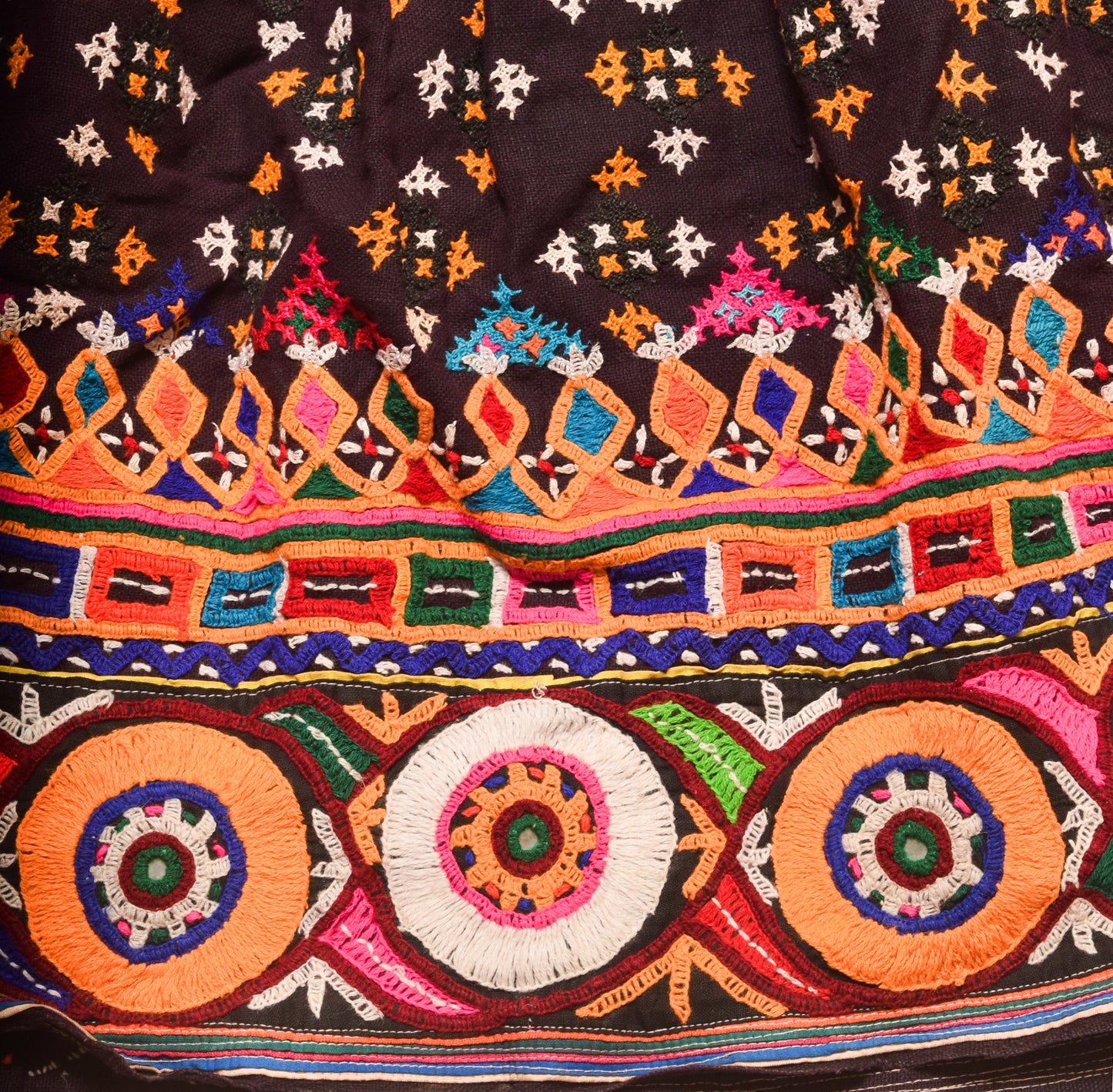 Bavalia Work Cotton Hand Embroidery Golwadi Work Garba Skirt   - 4 Mtr Flare (Gher)    -  SKU : SD09901A