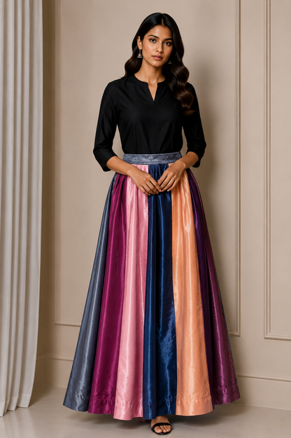 Plain Dyeing Mashru Silk Applique Work Garba Skirt   - 4 Mtr Flare (Gher)    -  SKU : EK29902B