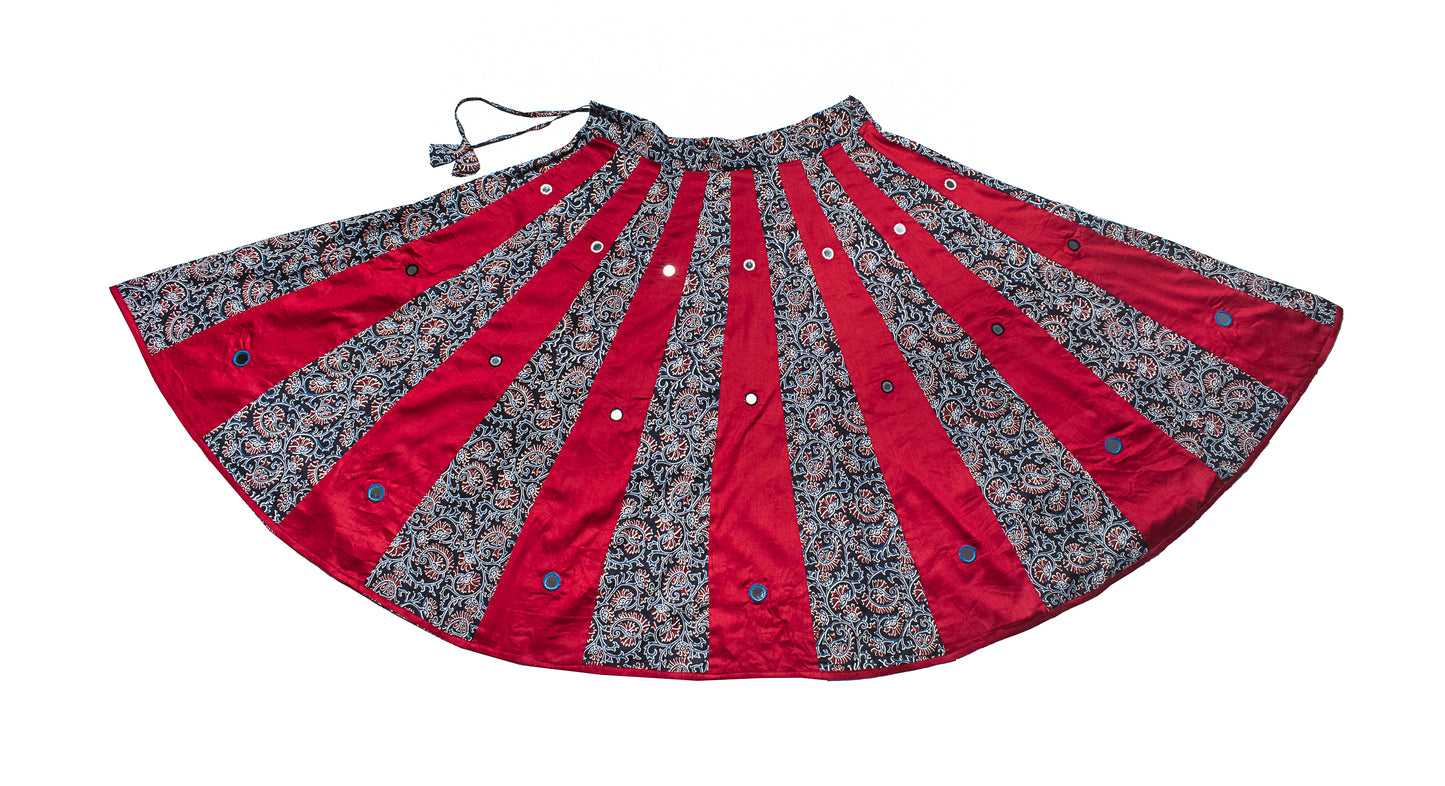 Plain Dyeing Cotton Half Ajrakh Mirror Work Garba Skirt  - 6 Mtr Flare (Gher)    -  SKU : RD08701A