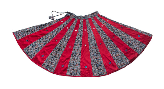 Plain Dyeing Cotton Half Ajrakh Mirror Work Garba Skirt  - 6 Mtr Flare (Gher)    -  SKU : RD08701A