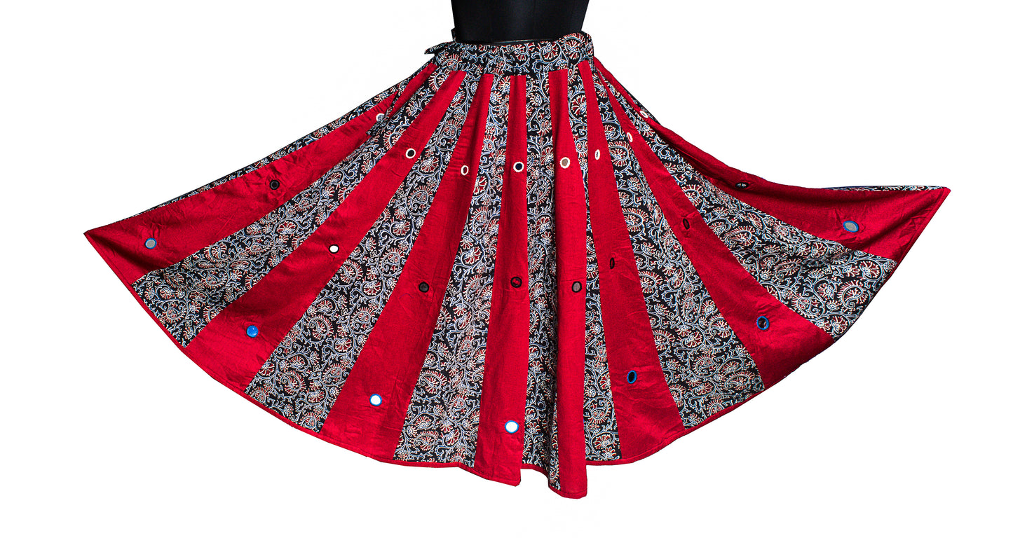 Plain Dyeing Cotton Half Ajrakh Mirror Work Garba Skirt  - 6 Mtr Flare (Gher)    -  SKU : RD08701A