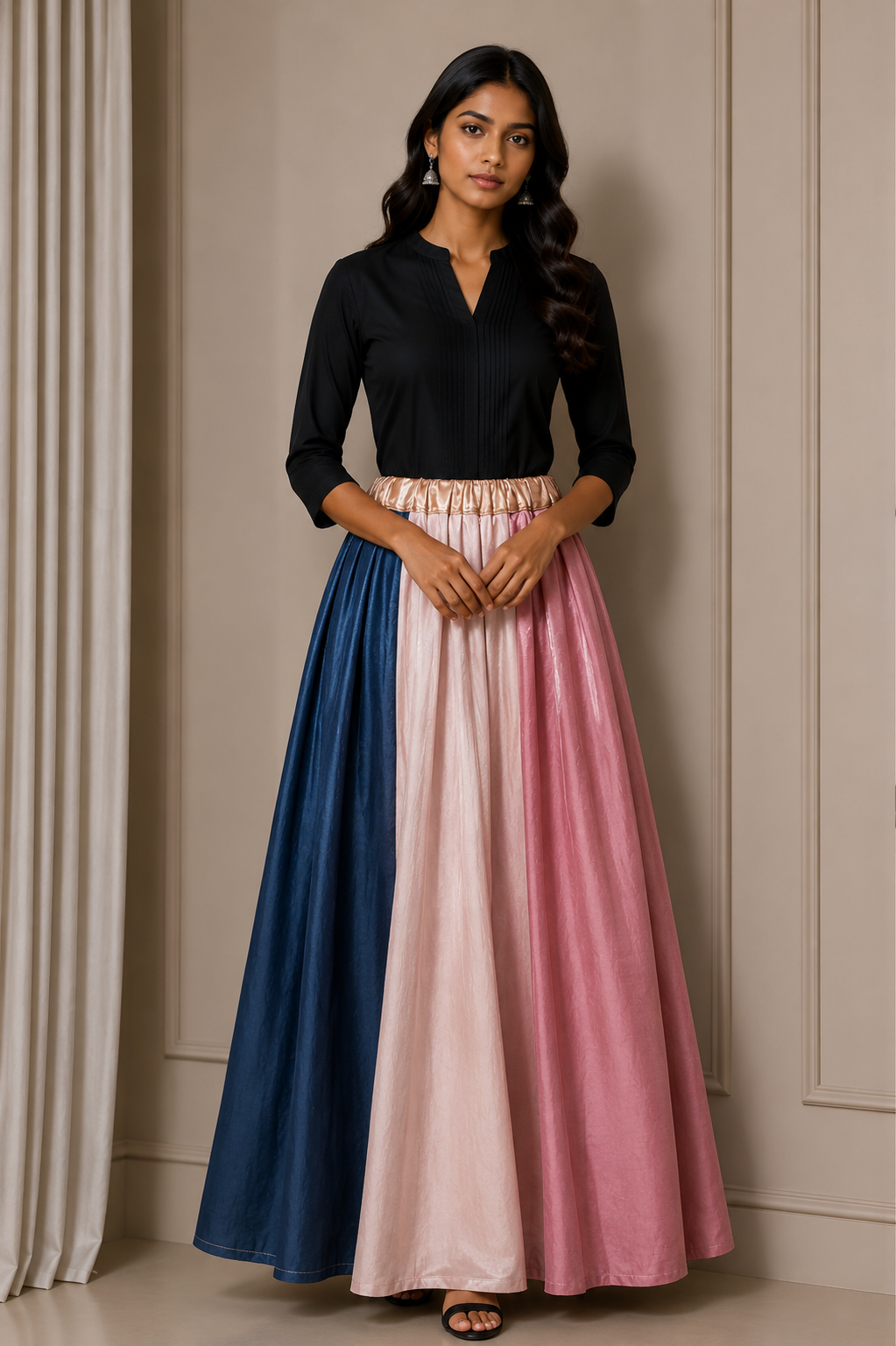 Plain Dyeing Mashru Silk 18 Kali Applique Work Garba Skirt  - 4.5 Mtr Flare (Gher)    -  SKU : EK20901B