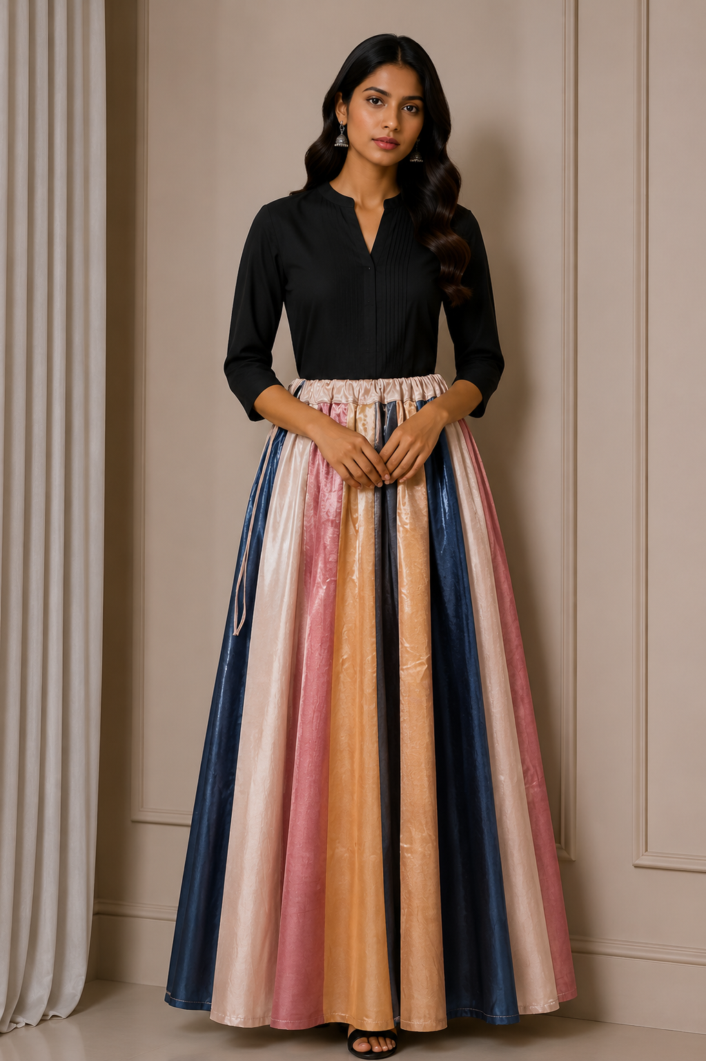 Plain Dyeing Mashru Silk 18 Kali Applique Work Garba Skirt  - 4.5 Mtr Flare (Gher)    -  SKU : EK20901D