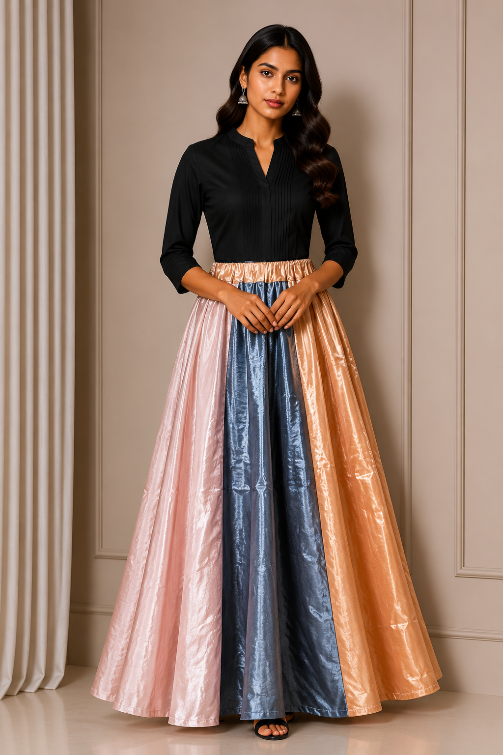 Plain Dyeing Mashru Silk 18 Kali Applique Work Garba Skirt  - 4.5 Mtr Flare (Gher)    -  SKU : EK20901G