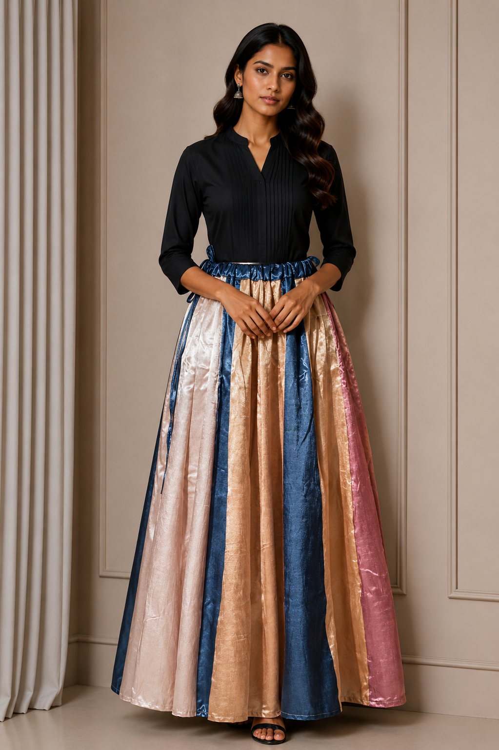 Plain Dyeing Mashru Silk 18 Kali Applique Work Garba Skirt  - 4.5 Mtr Flare (Gher)    -  SKU : EK20901H