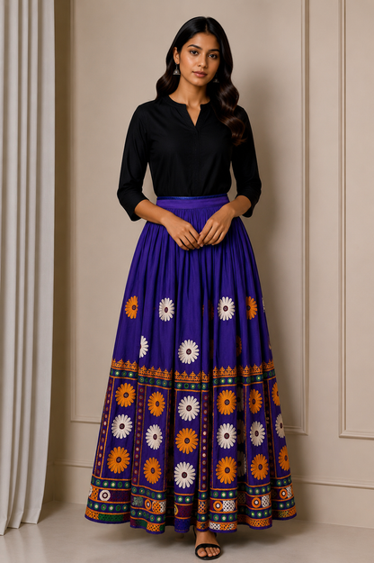 Simple Embroidery Polyester Hand Embroidered Simple Mirror Work Garba Skirt  - 3.2 Mtr Flare (Gher)    -  SKU : MD18904C