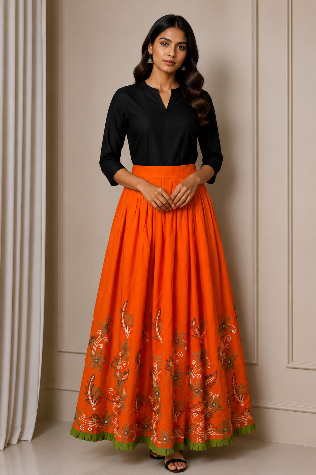 Simple Embroidery Polyester Hand Embroidered Simple Mirror Work Garba Skirt  - 3.2 Mtr Flare (Gher)    -  SKU : MD18904B