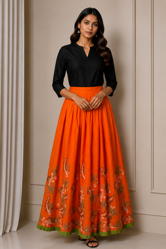 Simple Embroidery Polyester Hand Embroidered Simple Mirror Work Garba Skirt  - 3.2 Mtr Flare (Gher)    -  SKU : MD18904B