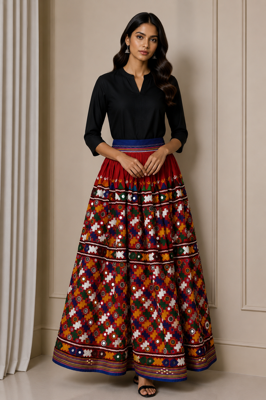 Hand Embroidery Cotton Mirror Work Garba Skirt  - 4 Mtr Flare (Gher)    -  SKU : MD28303A