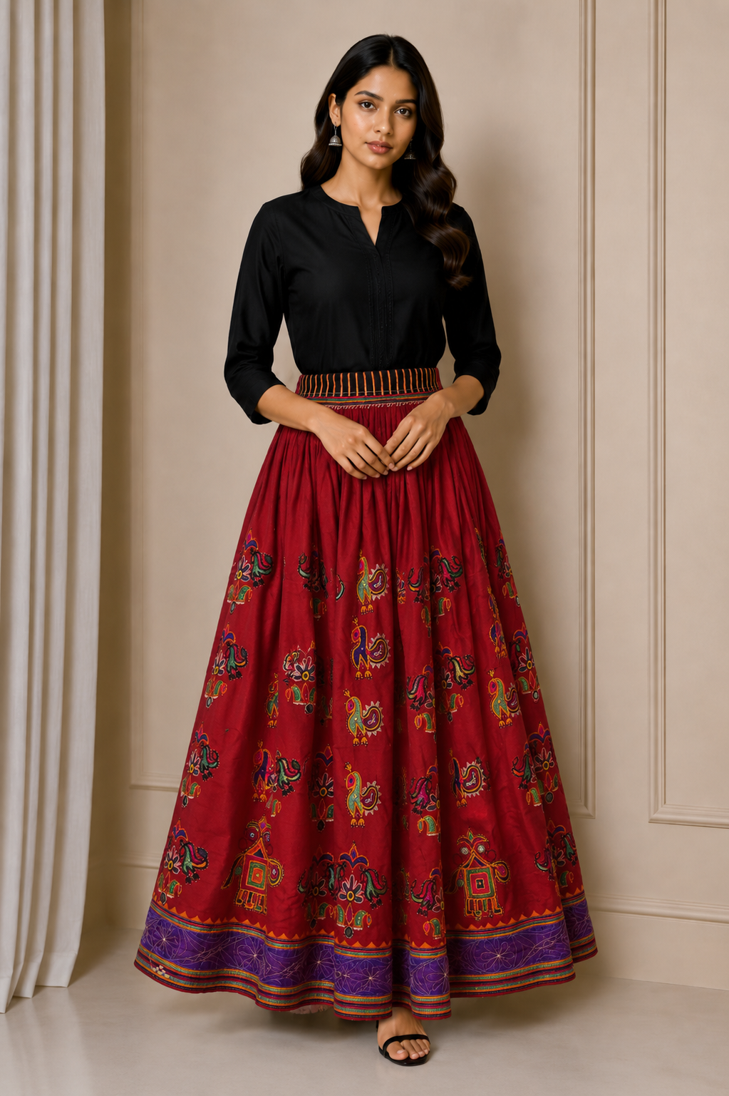 Hand Embroidery Cotton Mirror Work Garba Skirt  - 4 Mtr Flare (Gher)    -  SKU : MD30302A