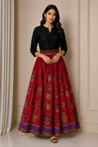 Hand Embroidery Cotton Mirror Work Garba Skirt  - 4 Mtr Flare (Gher)    -  SKU : MD30302A