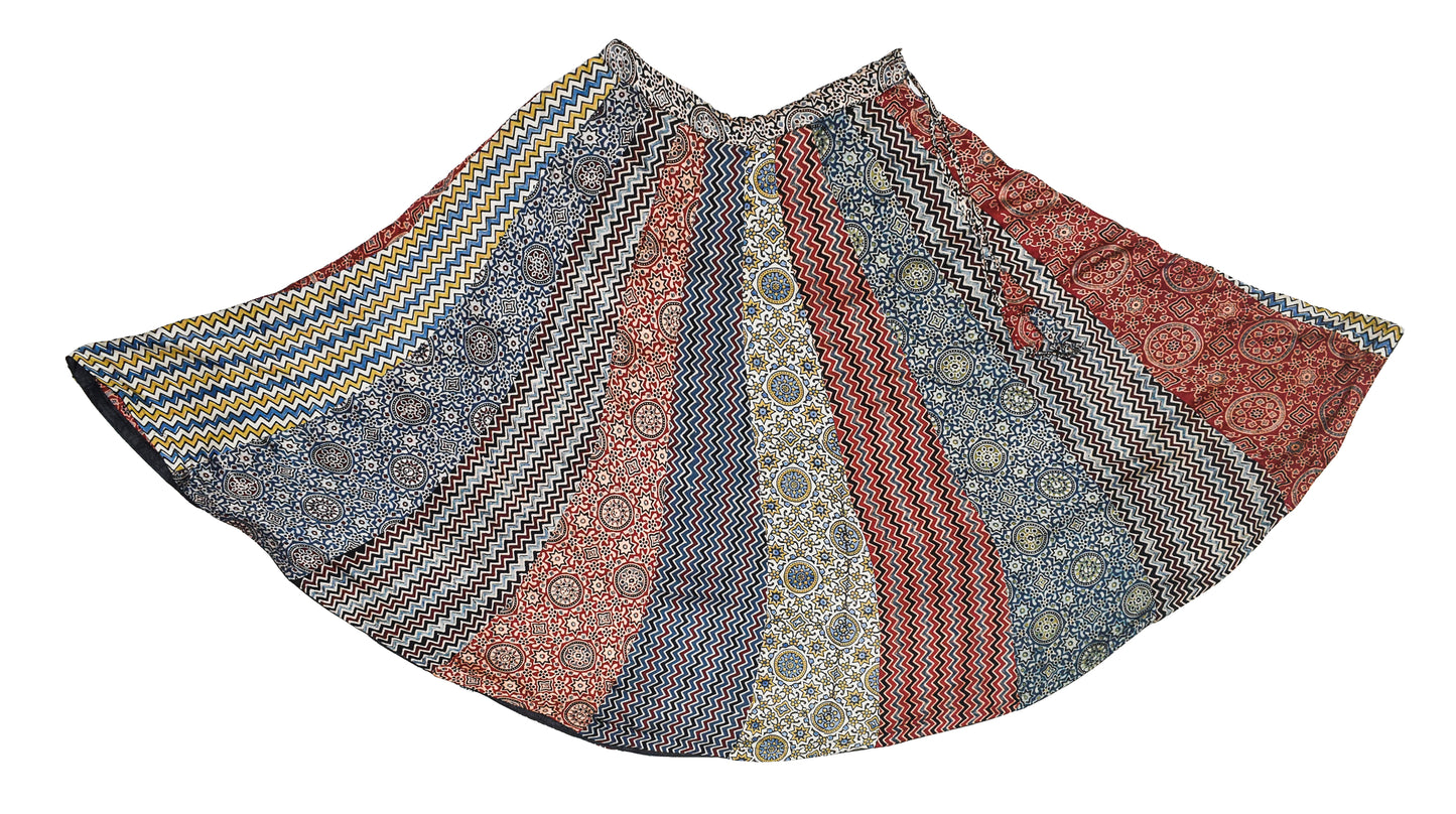 Ajrakh Modal Silk Natural Dye Applique ( Patches) Work Hand Block Print Garba Skirt  - 5 Mtr Flare (Gher)    -  SKU : EK05601A
