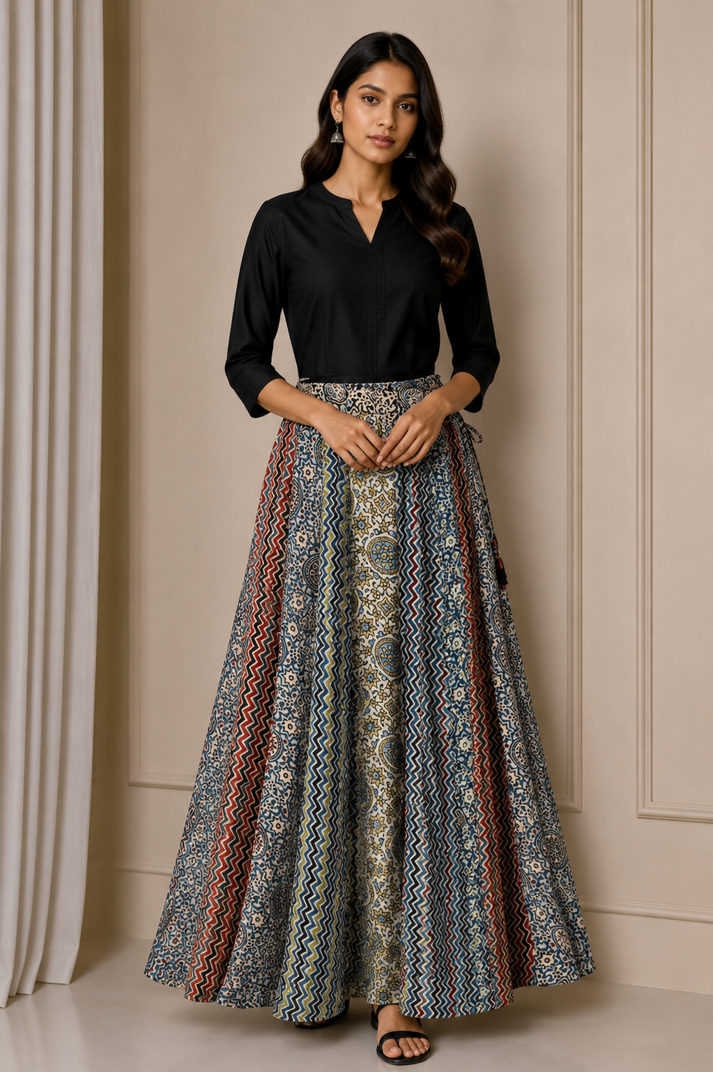 Ajrakh Modal Silk Natural Dye Applique ( Patches) Work Hand Block Print Garba Skirt  - 5 Mtr Flare (Gher)    -  SKU : EK05601A