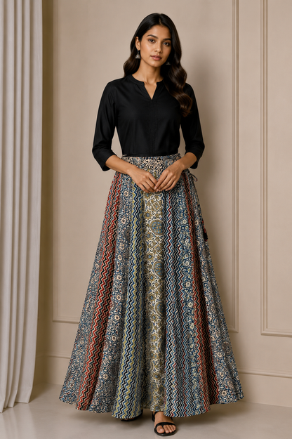 Ajrakh Modal Silk Natural Dye Applique ( Patches) Work Hand Block Print Garba Skirt  - 5 Mtr Flare (Gher)    -  SKU : EK05601A