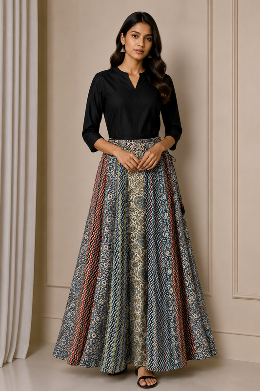 Ajrakh Modal Silk Natural Dye Applique ( Patches) Work Hand Block Print Garba Skirt  - 5 Mtr Flare (Gher)    -  SKU : EK05601A