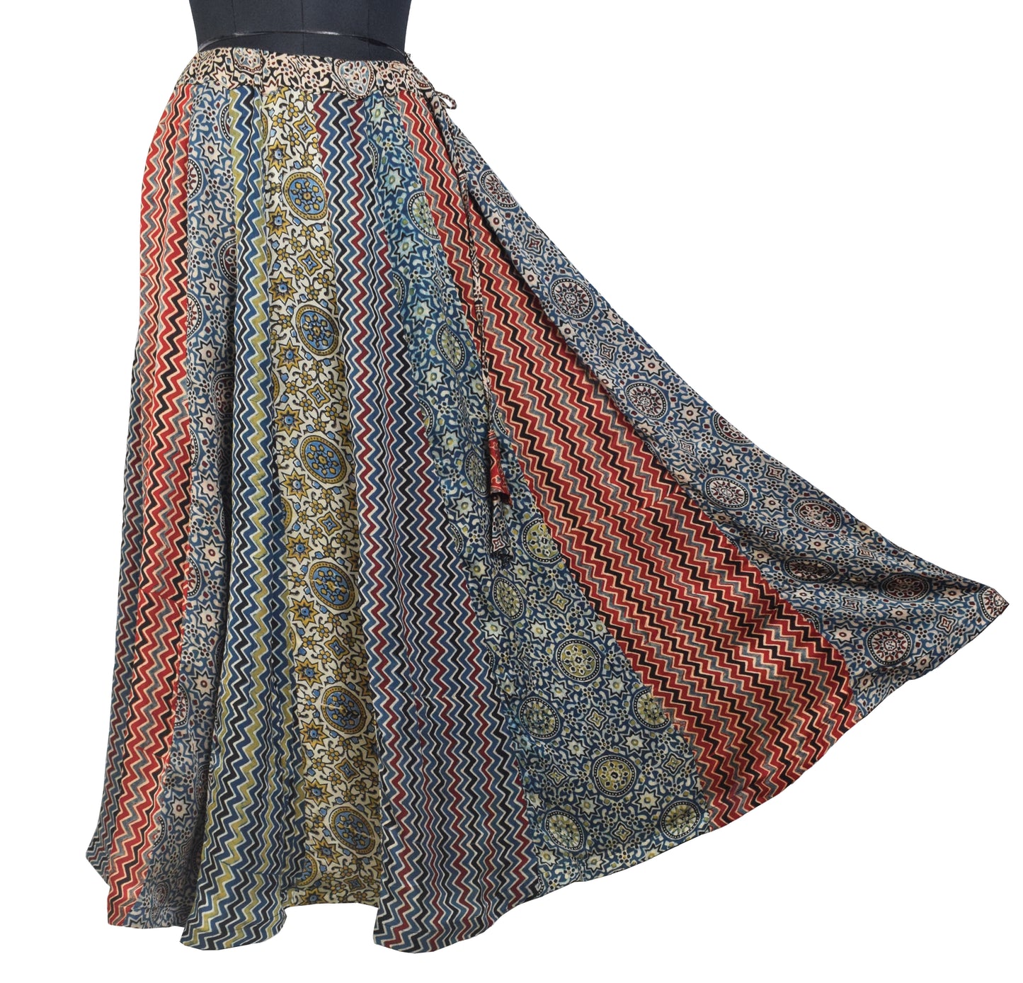Ajrakh Modal Silk Natural Dye Applique ( Patches) Work Hand Block Print Garba Skirt  - 5 Mtr Flare (Gher)    -  SKU : EK05601A