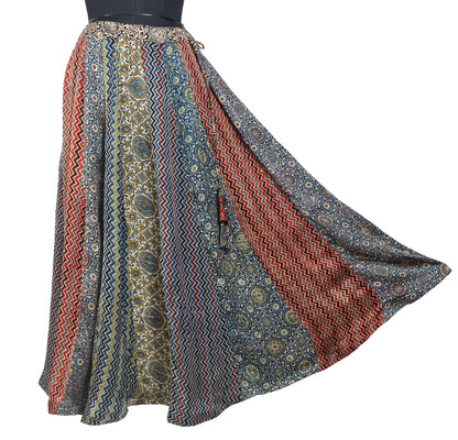 Ajrakh Modal Silk Natural Dye Applique ( Patches) Work Hand Block Print Garba Skirt  - 5 Mtr Flare (Gher)    -  SKU : EK05601A