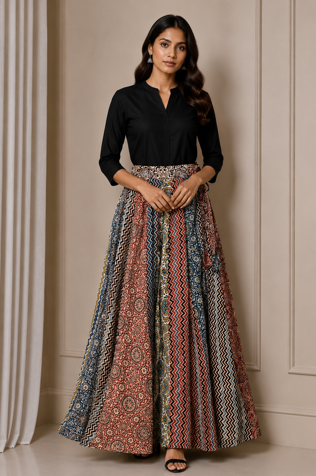 Ajrakh Modal Silk Natural Dye Applique ( Patches) Work Hand Block Print Garba Skirt  - 5 Mtr Flare (Gher)    -  SKU : EK05601B