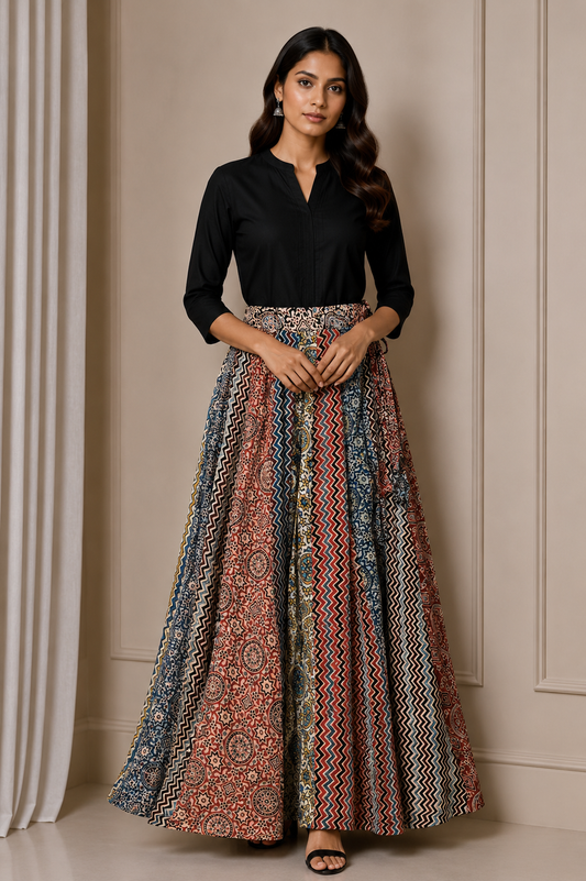 Ajrakh Modal Silk Natural Dye Applique ( Patches) Work Hand Block Print Garba Skirt  - 5 Mtr Flare (Gher)    -  SKU : EK05601B