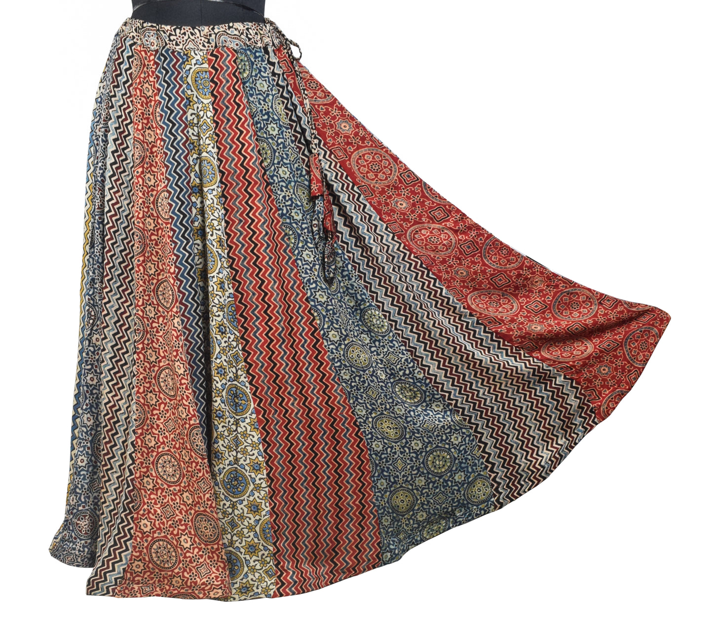 Ajrakh Modal Silk Natural Dye Applique ( Patches) Work Hand Block Print Garba Skirt  - 5 Mtr Flare (Gher)    -  SKU : EK05601B