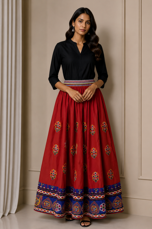 Ahir Work Cotton Hand Embroidered Mirror Work Garba Skirt  - 3 Mtr Flare (Gher)    -  SKU : MD06901A