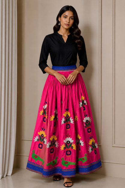Hand Embroidery Cotton Fine Mirrorwork Garba Skirt  - 3.6 Mtr Flare (Gher)    -  SKU : MD16903A