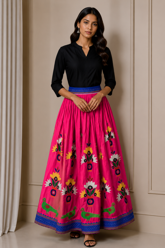Hand Embroidery Cotton Fine Mirrorwork Garba Skirt  - 3.6 Mtr Flare (Gher)    -  SKU : MD16903A