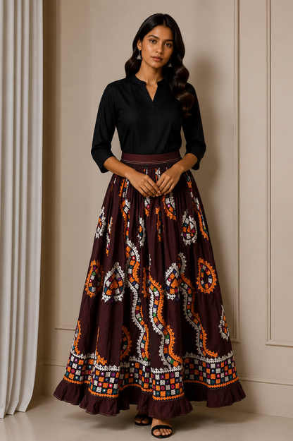 Bavalia Work Polyester Hand Embroidered Mirror Work Garba Skirt  - 3.85 Mtr Flare (Gher)    -  SKU : MD29902A