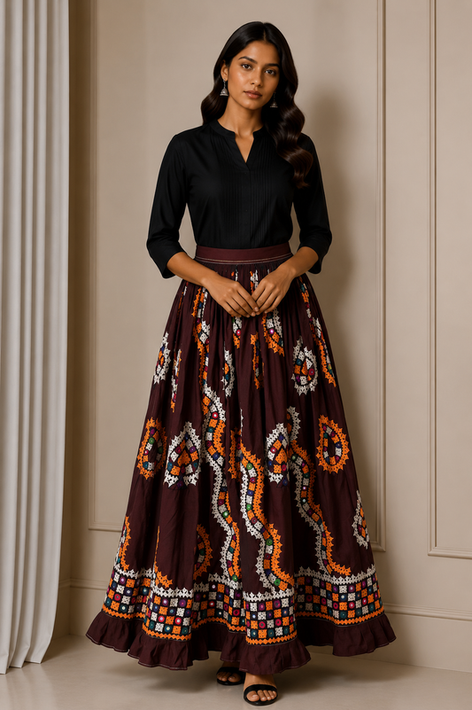 Bavalia Work Polyester Hand Embroidered Mirror Work Garba Skirt  - 3.85 Mtr Flare (Gher)    -  SKU : MD29902A