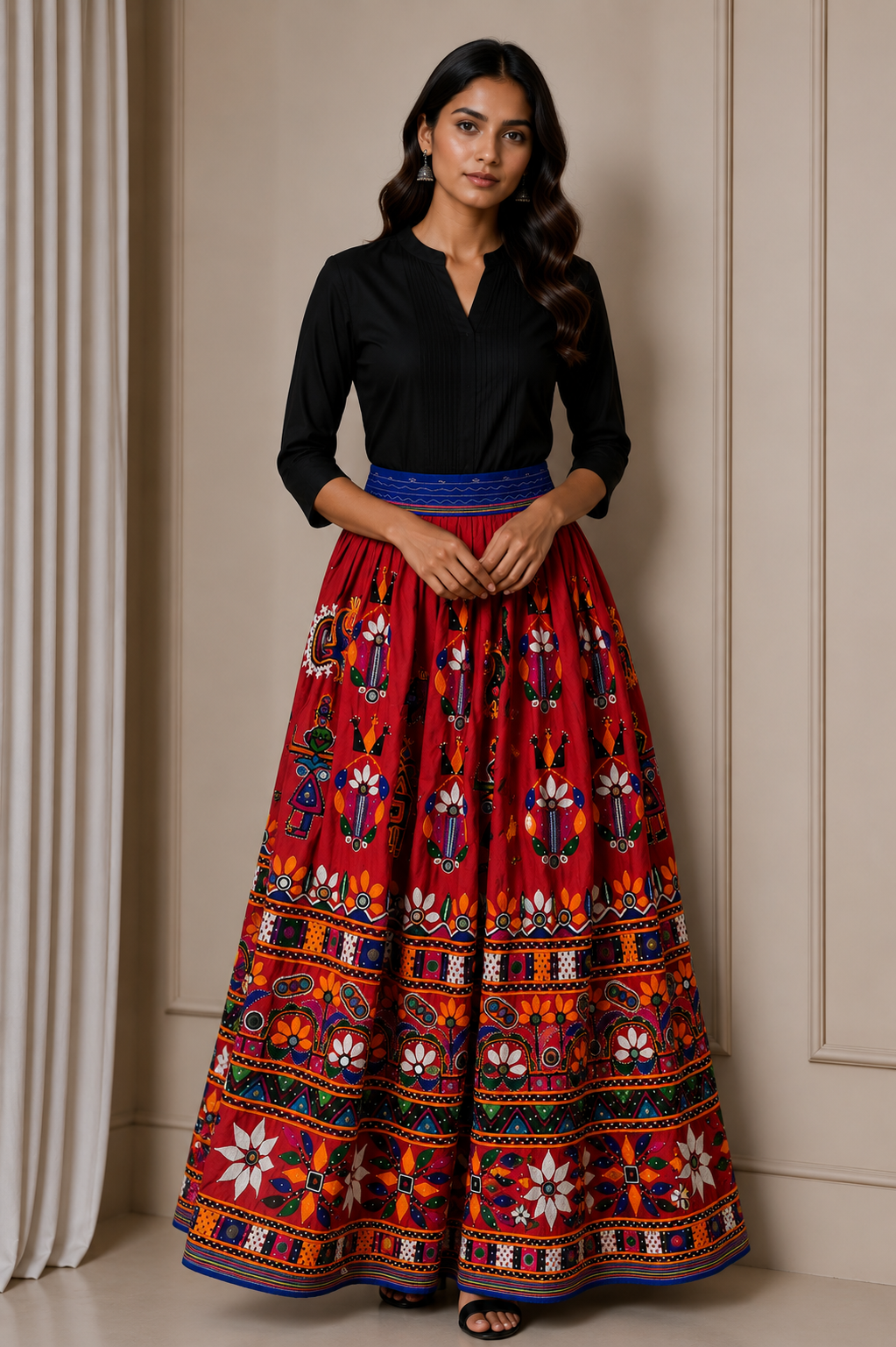 Hand Embroidery Nylon Hand Embroidered Mirror Work Garba Skirt  - 3.2 Mtr Flare (Gher)    -  SKU : VD10A01A