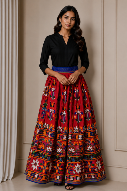 Hand Embroidery Nylon Hand Embroidered Mirror Work Garba Skirt  - 3.2 Mtr Flare (Gher)    -  SKU : VD10A01A